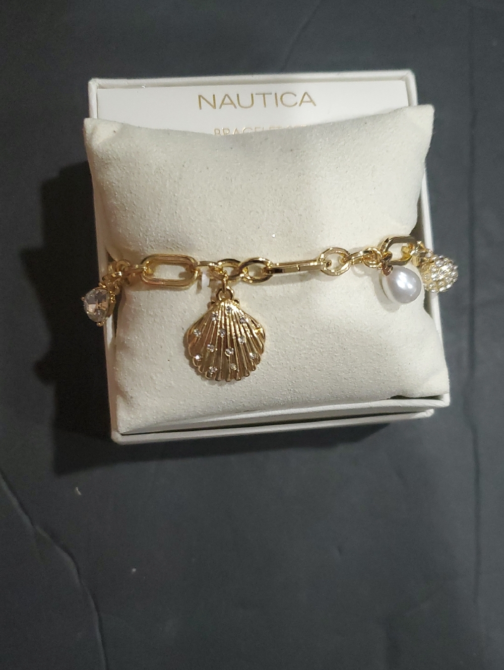Nautica gold tone sea shell pearl solitaire stud, pave ball‎ charm bracelet new